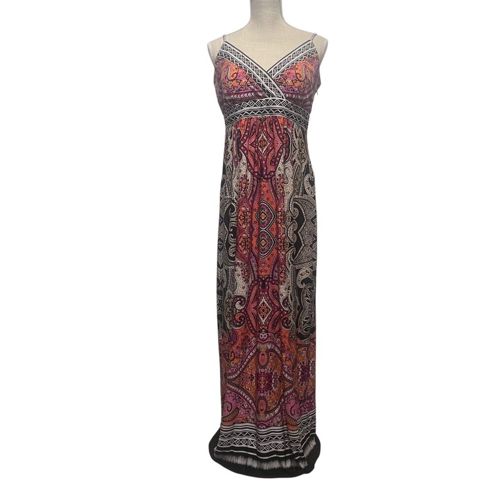 MSK Summer Maxi Dress Size 12 Boho Paisley Brown Pink Orange Stretch V Neck
